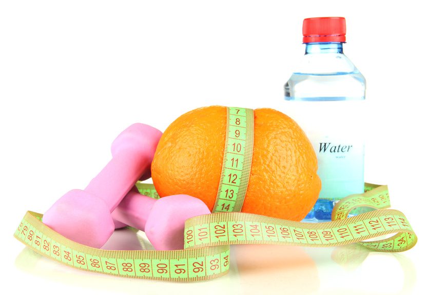 Healthy items: Water, orange, dumbbell